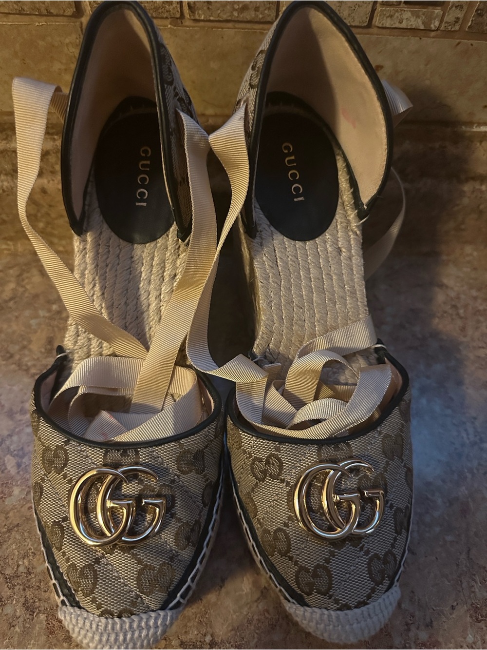 Gucci Beige Monogram Espadrille Wedges with Gold Double G